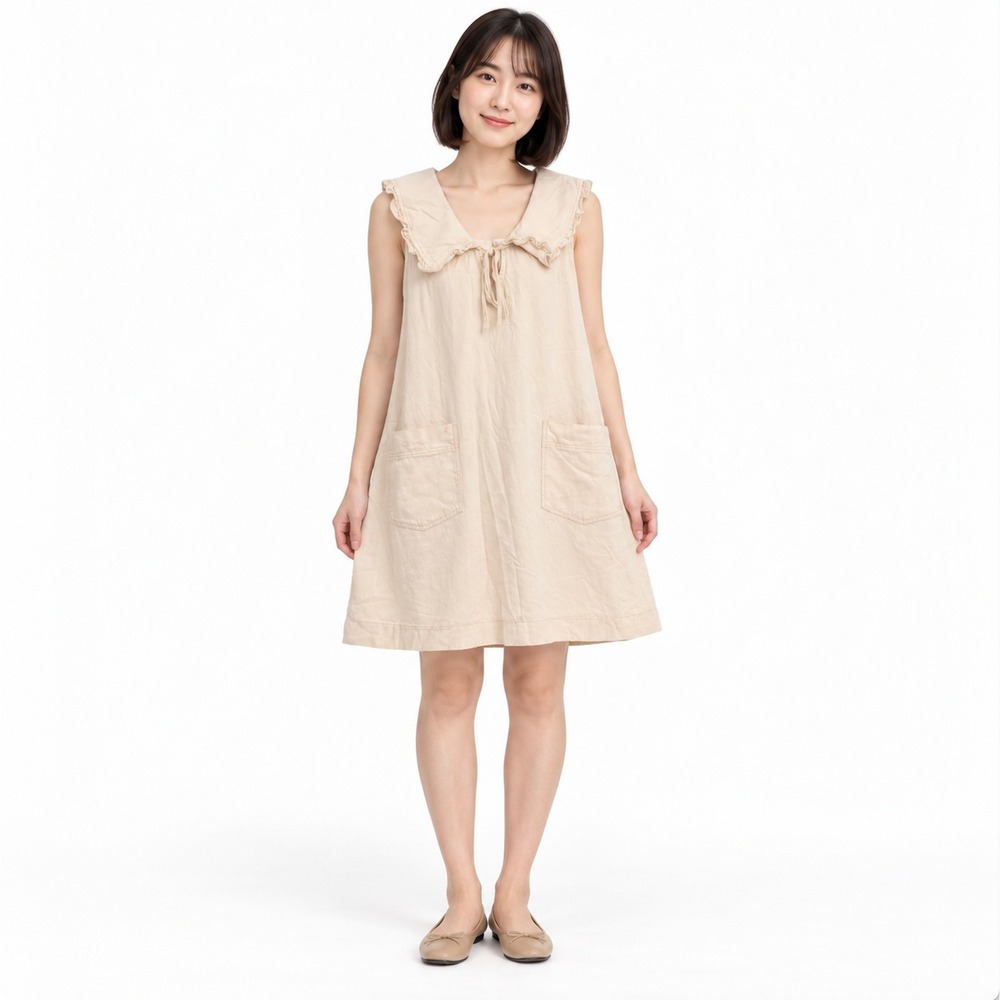 Mustard Seed Cotton Peter Pan Collar Ruffle Mini Dress Beige MEDIUM
